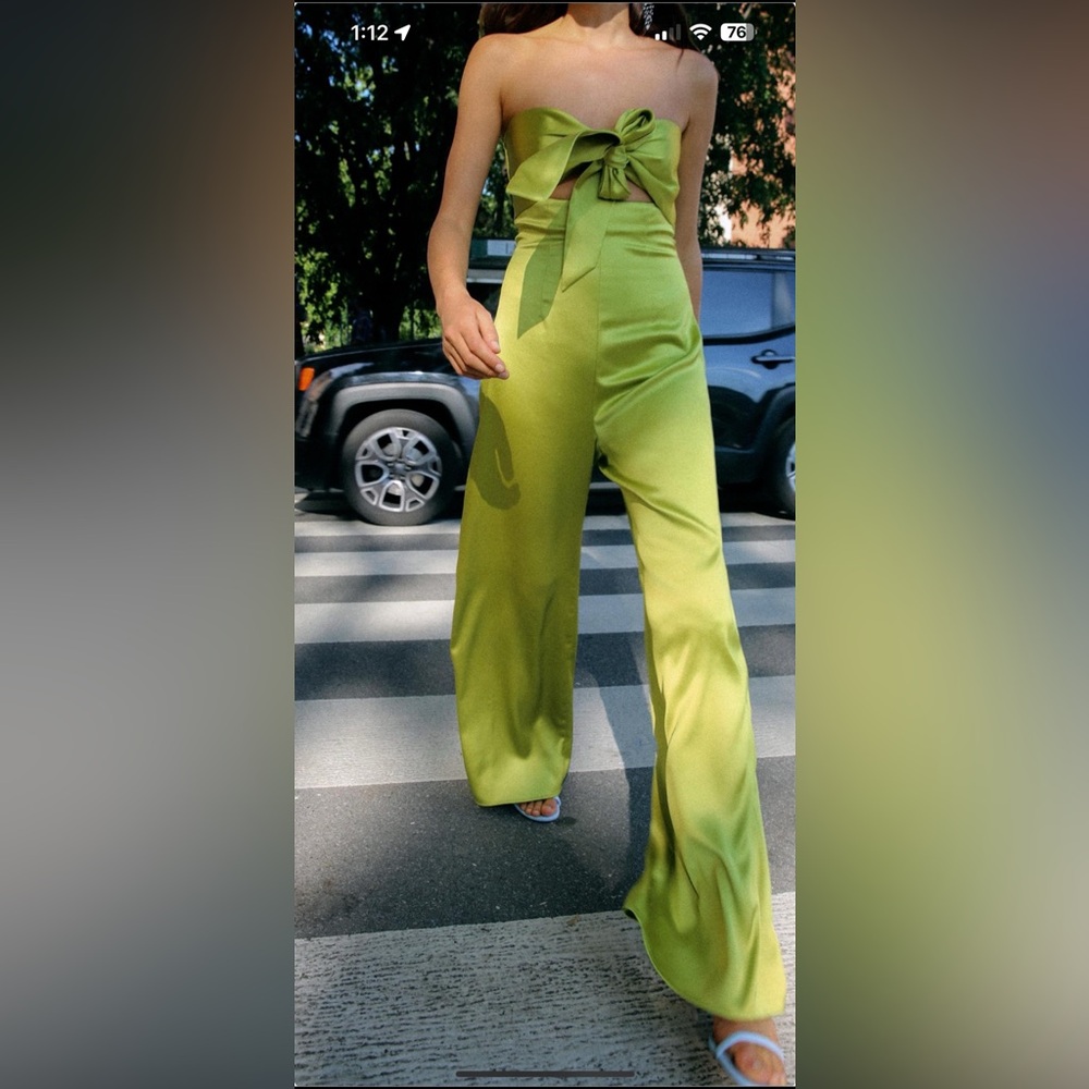Zara Pistachio Green Strapless Satin Jumpsuit